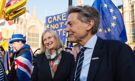‘Brexit was such a disaster for the country’ … former Conservative MP Sarah Wollaston and Bradshaw with anti-Brexit supporters outside Parliament in 2019.