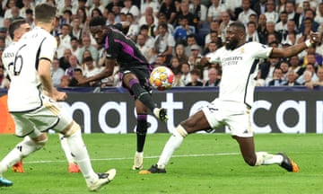 Alphonso Davies fires home to put Bayern Munich ahead against Real Madrid.