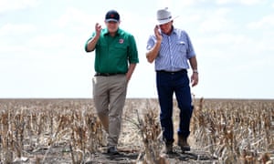 Scott Morrison with farmer David Gooding on his drought-affected property near Dalby in Queensland on Friday.