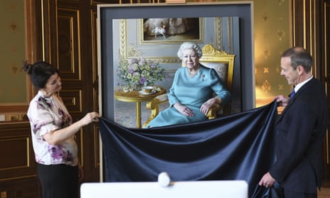 The unveiling of a new portrait of Queen Elizabeth II by artist Miriam Escofet, left, with Simon McDonald, permanent under-secretary of state for foreign and commonwealth affairs and head of the Diplomatic Service, right.