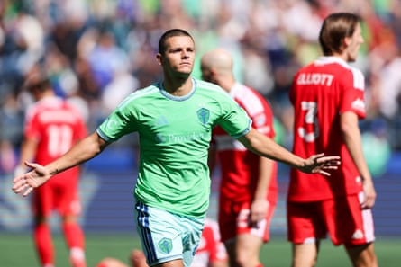 Dejan Joveljić #9 of Seattle Sounders FC reacts after scoring a goal during an MLS match against Chicago Fire FC at Lumen Field on August 29, 2026 in Seattle, Washington.