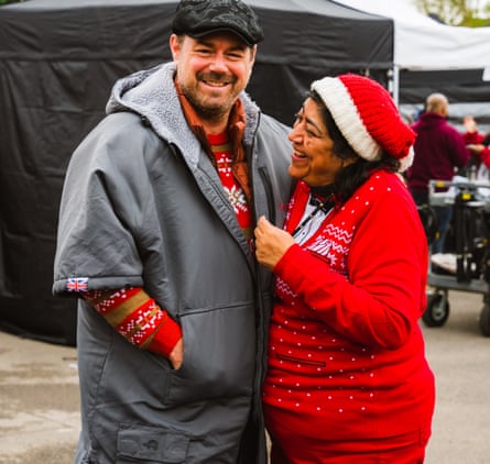 Danny Dyer and Gurinder Chadha on the set of Christmas Karma.