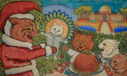 detail from Cats’ Christmas by Louis Wain, ink and gouache on mirror glass, c.1935.