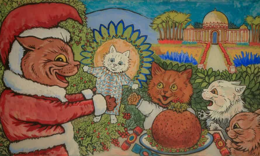 detail from Cats’ Christmas by Louis Wain, ink and gouache on mirror glass, c.1935.