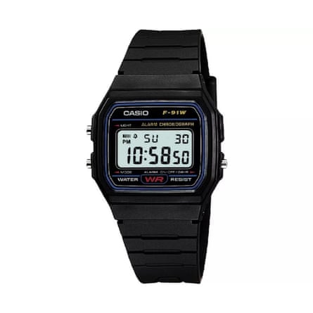 A Casio Digital Display Watch that has a black resin strap. It is on a white background.