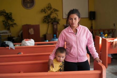 Marisela del Carmen Espinoza, 26, with her seven-year-old son Diego Ricardo at the Methodist temple and migrant shelter El Buen Pastor, where they live