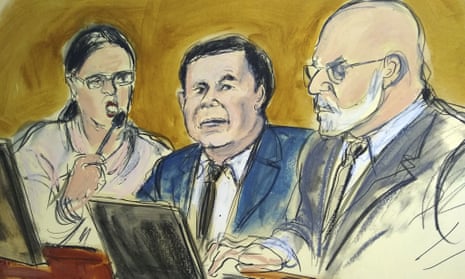 In this courtroom drawing, Joaquin ‘El Chapo’ Guzman, center, sits at the defense table while on 7 February. 