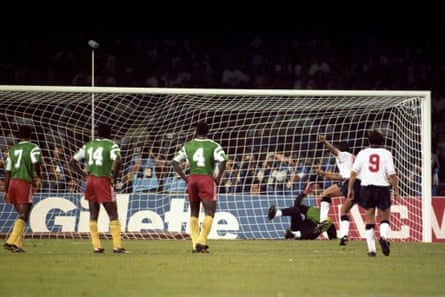 Gary Lineker smashes the ball past Cameroon’s Thomas N’Kono in their Italia 90 quarter-final in Naples
