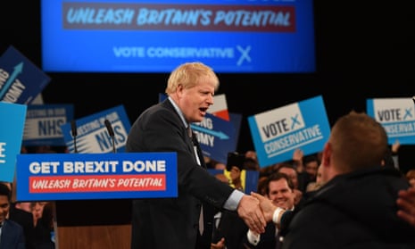 The prime minister, Boris Johnson, after speaking at the launch of the Conservative party’s campaign at NEC, in Birmingham.