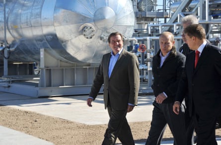 Vladimir Putin with the former German chancellor Gerhard Schröder and the then Gazprom CEO, at the inauguration of the Nord Stream pipeline in September 2011.