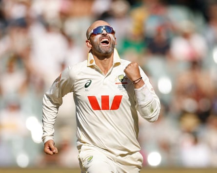 Joy for Nathan Lyon after taking Zak Crawley’s wicket