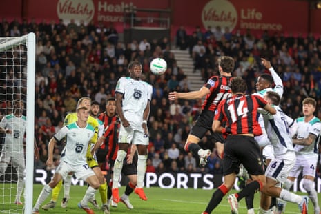 Ryan Christie of Bournemouth heads in his second to make it 2-0 against Lincoln City.