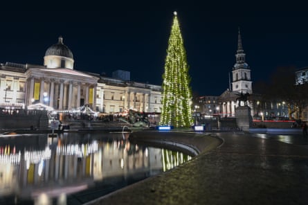 the tall, thin tree has simple vertical strings of gold lights and is placed next to the fountain.