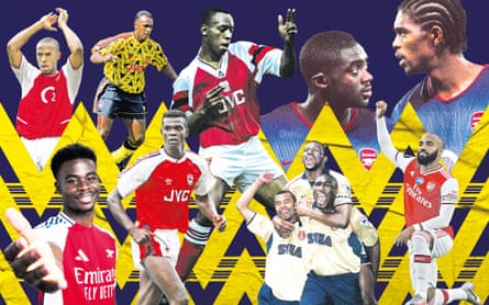 Clockwise from top left, Thierry Henry, David Rocastle, Ian Wright, Kolo Toure and Nwankwo Kanu, Alexandre Lacazette, Ashley Cole, Patrick Vieira and Sol Campbell, Paul Davis.
