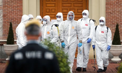 Members of the Military Emergency Unit leave an elderly home after carrying out disinfection procedures during the coronavirus disease in Madrid, Spain.