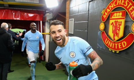 Manchester City’s Nicolás Otamendi celebrates after leaving the field at Old Trafford. A scuffle broke out in the tunnel after the match.