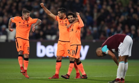 Mohamed Salah celebrates his second goal and Liverpool’s fourth of the match.