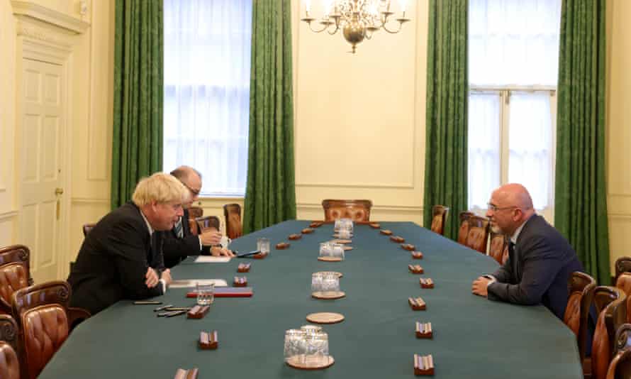 Boris Johnson appoints Nadhim Zahawi as the chancellor of the exchequer in the Cabinet Room of No 10 Downing Street.