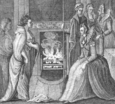 etching of two women in tudor dress meeting
