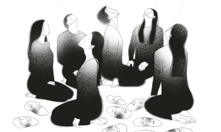 An illustration of a radical of radical kneeling connected the ground, their blank heads looking up toward the sky. faces are strewn astir them connected the ground