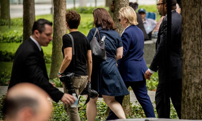 Hillary Clinton departs the 11 September memorial. Photograph: Andrew Harnik/AP