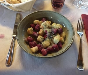 Beetroot gnocchi brushed with poppy-seed butter at Rifugio Pomedes