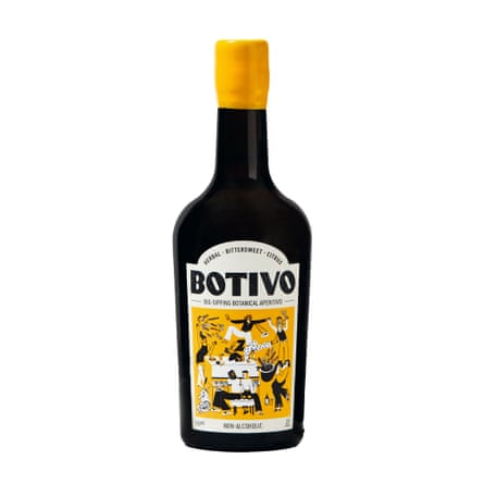 Dark bottle of Botivo with yellow top and illustrated label