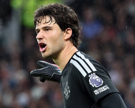 Senne Lammens points during the Premier League match between Manchester United and Ipswich