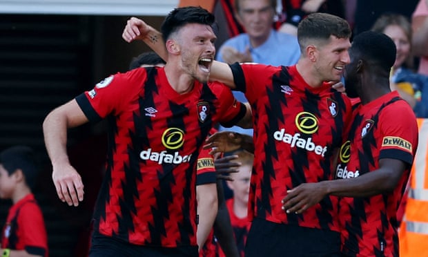 Bournemouth's Kieffer Moore celebrates after scoring his side’s second goal against Aston Villa.