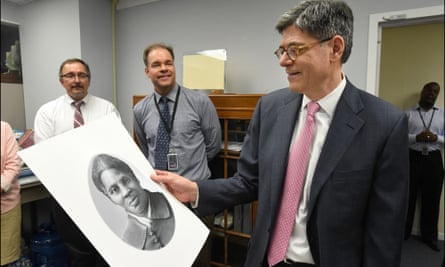 The then treasury secretary, Jacob Lew, looks at a rendering of Harriet Tubman during a visit to the Bureau of Engraving and Printing in Washington DC on April 21, 2016.