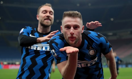 Internazionale’s Milan Skriniar blows a kiss to the camera after scoring what proved to be the winner against Atalanta at San Siro