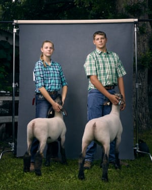 Emma and Ethan with sheep, Blue Earth county fair, Minnesota, 2016