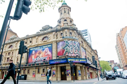 Shaftesbury theatre featuring a billboard for Rock of Ages