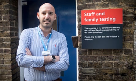 Manager Ian Bateman outside Mint Cottage, where staff and patients who have upcoming medical procedures can be tested for Covid-19. St Mary’s Hospital in Paddington, west London.