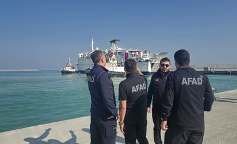 Turkish Red Crescent and AFAD (Turkey’s disaster relief agency) welcome ‘14th Goodness Ship’, which is a humanitarian aid ship for Gaza, as it docks at El-Arish Port in Egypt on Wednesday.
