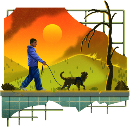 Graphic illustration of man walking dog in foreboding landscape on fire