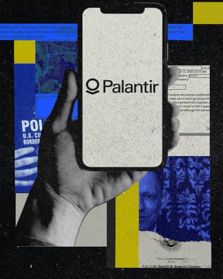 Graphic illustration in blue, yellow, black and gray of hand holding cellphone that has Palantir logo, overlaid with image of police badge and a man’s face.