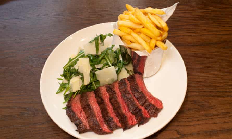 “Perfectly cooked”: flank steak and fries.