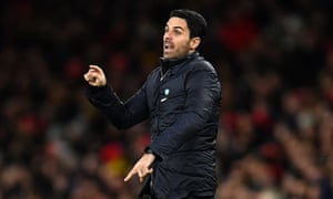 Mikel Arteta reacts during Arsenal’s win against Newcastle, after which the Gunners manager spoke of his shock over Manchester City’s two-season ban from the Champions League.