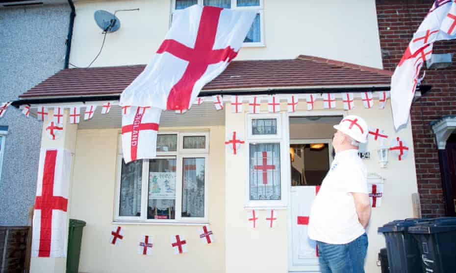 A house decorated with St George's flags