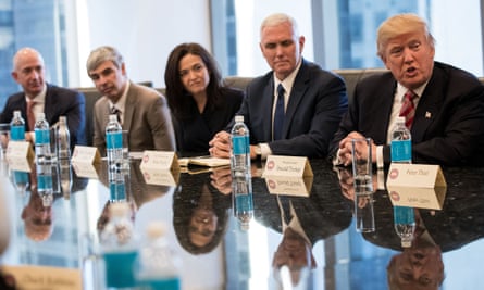 Jeff Bezos of Amazon, Larry Page of Google and Sheryl Sandberg of Facebook meet Mike Pence and Donald Trump in December 2016.