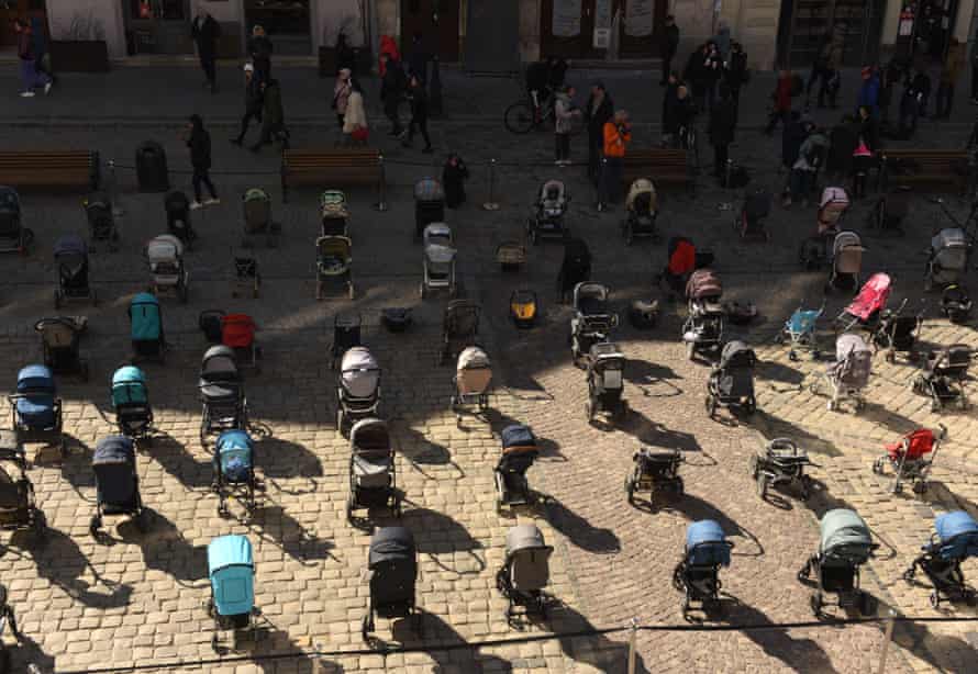 March 18 2022: 109 empty prams and baby baskets are placed outside the Lviv city council to highlight the number of children killed in the ongoing Russian invasion of Ukraine