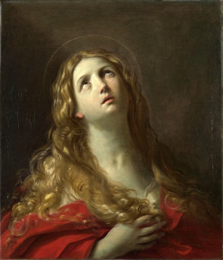 A woman wearing a red robe with flowing, golden wavy hair looks upwards in a painting.