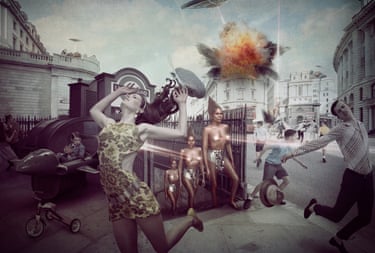 Invasion (laser girls) 2017. An edited photograph of people fleeing from a subway entrance from which stylised women firing beams of light from their chest are emerging. An explosion is in the background