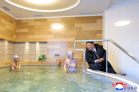 North Korean leader sat beside several women in spa as he inspects a newly completed holiday camp in North Hamgyong province, North Korea.