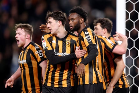 Abu Kamara is congratulated after scoring Hull’s second goal against Plymouth in March