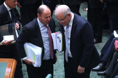 The prime minister Scott Morrison and Treasurer Josh Frydenberg during question time in the House.