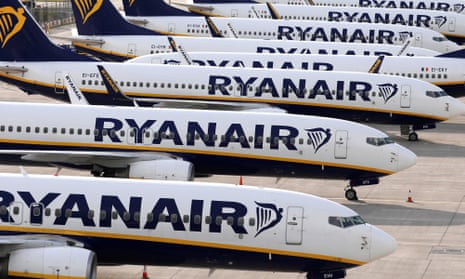 Ryanair planes parked in a stand at Stansted airport
