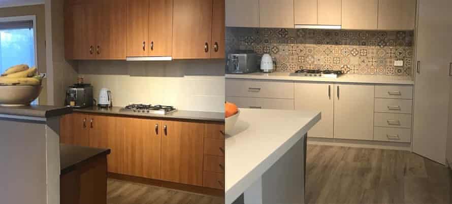 Before and after benchtops were replaced at the Collins family home in Canberra.