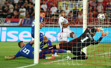 Ezri Konsa scores England’s third goal against Serbia at Stadion Rajko Mitic, 9 September 2025.